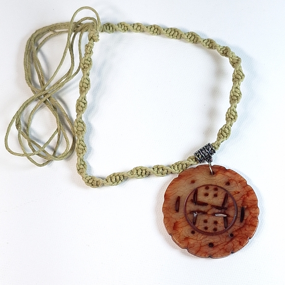 Macrame Cord Chinese Carved Red Stone Medallion Necklace - Picture 4 of 10